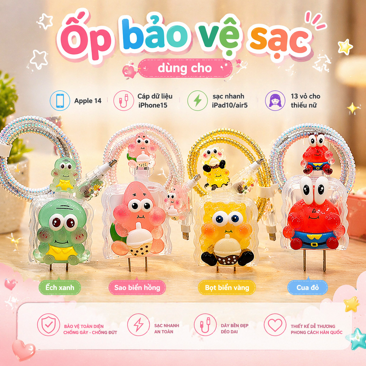 Bộ Bảo Vệ Cáp Sạc Hoạt Hình Dễ Thương – Chống Gãy Đầu Cáp, Quấn Dây Gọn Gàng Cho iPhone Android